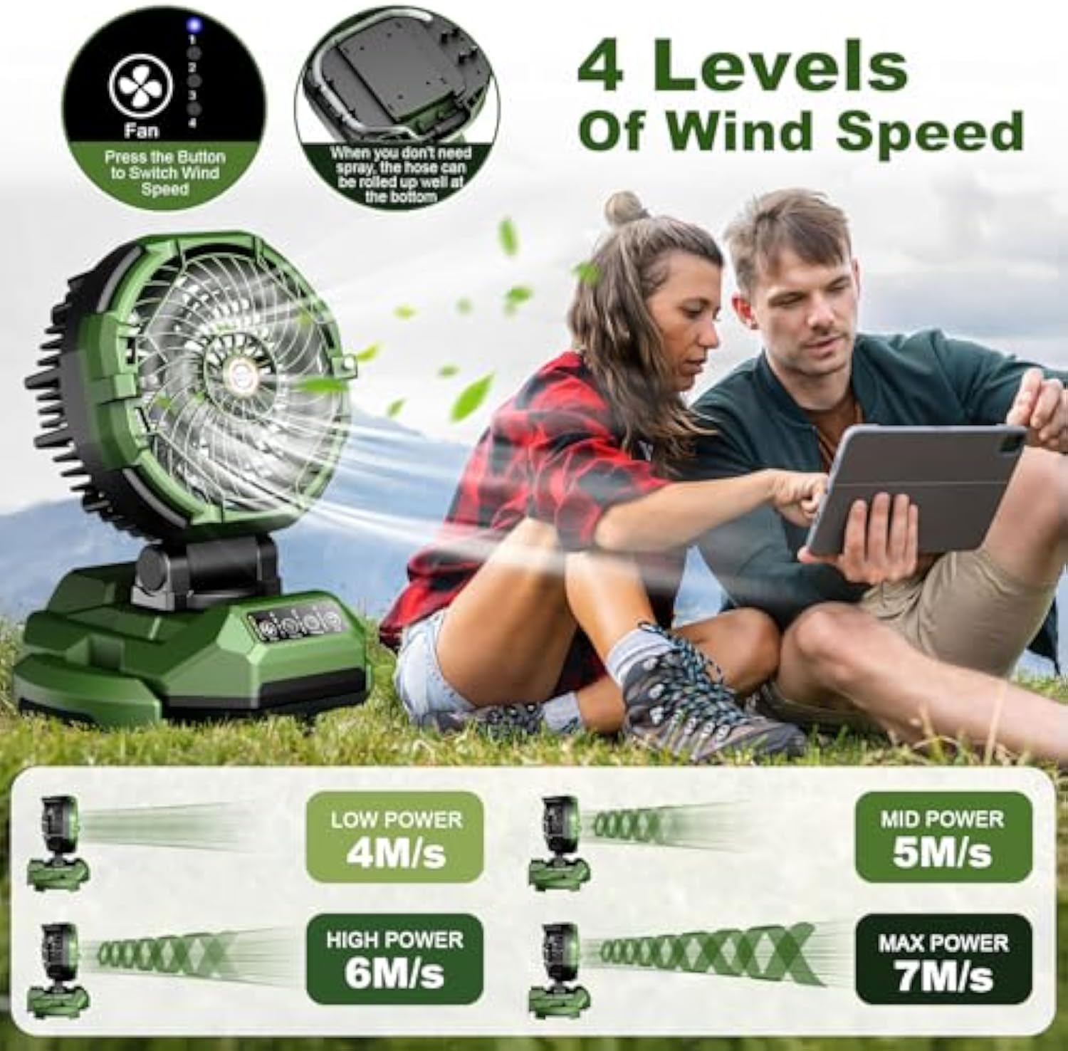 Portable Misting Fan 30000mAh Rechargeable Battery Powered 4 Strong Winds 4 Spray Mister Floor Cooling Fan for Outdoor Camping Patios Adjustable Base for 10-13inch Bucket(No Bucket Included)