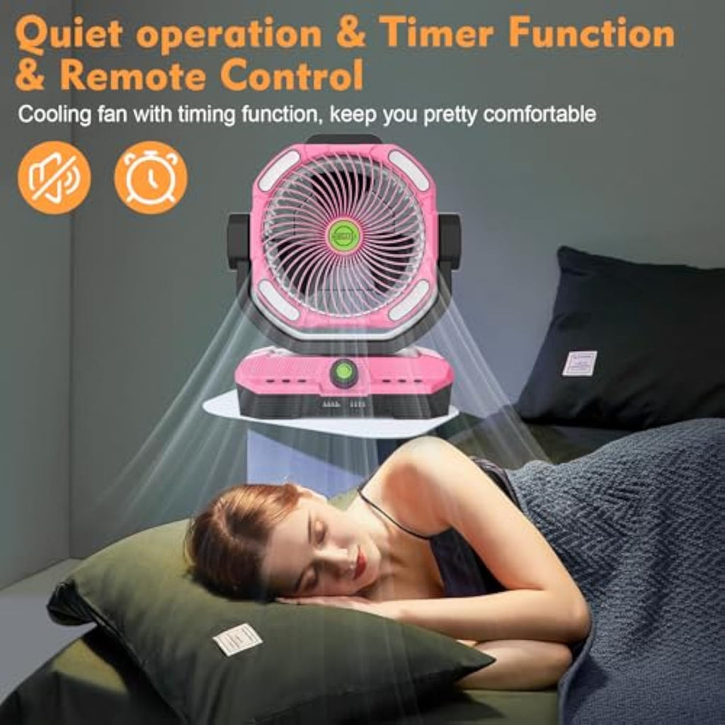 Battery Powered Fan Rechargeable, 360°Auto-oscillating Powerful Airflow Battery Operated Camping Fans, Quiet & 8H Timer Cordless Outdoor Remote Fan with LED for Tent Bedroom Travel Office X66
