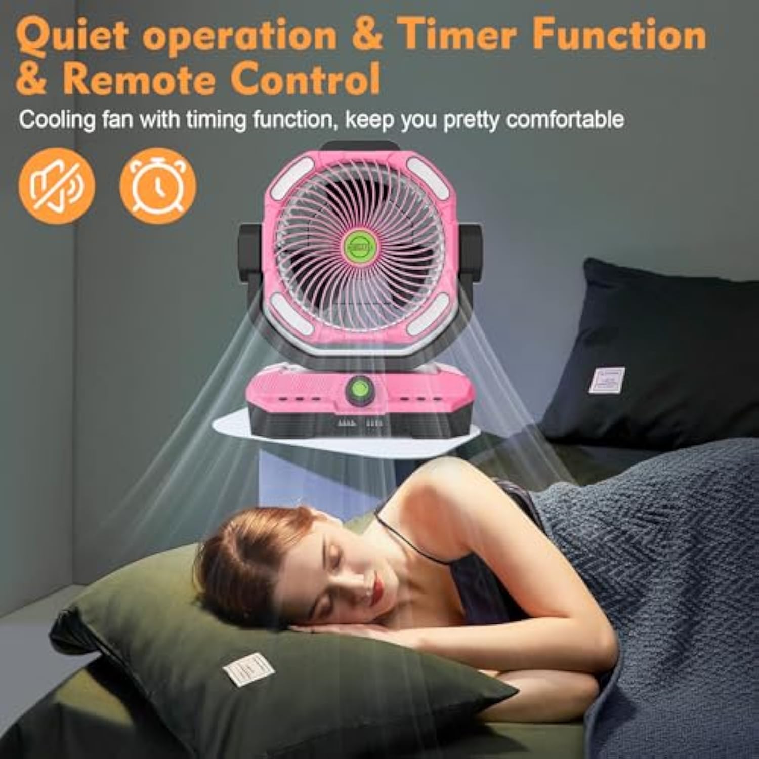 Battery Powered Fan Rechargeable, 360°Auto-oscillating Powerful Airflow Battery Operated Camping Fans, Quiet & 8H Timer Cordless Outdoor Remote Fan with LED for Tent Bedroom Travel Office X66