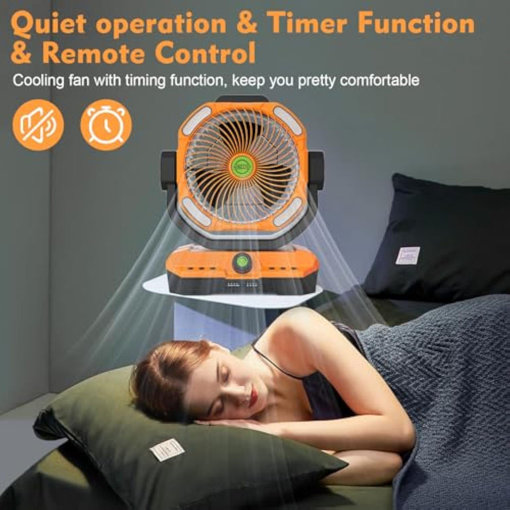 Battery Powered Fan Rechargeable, 360°Auto-oscillating Powerful Airflow Battery Operated Camping Fans, Quiet & 8H Timer Cordless Outdoor Remote Fan with LED for Tent Bedroom Travel Office X66