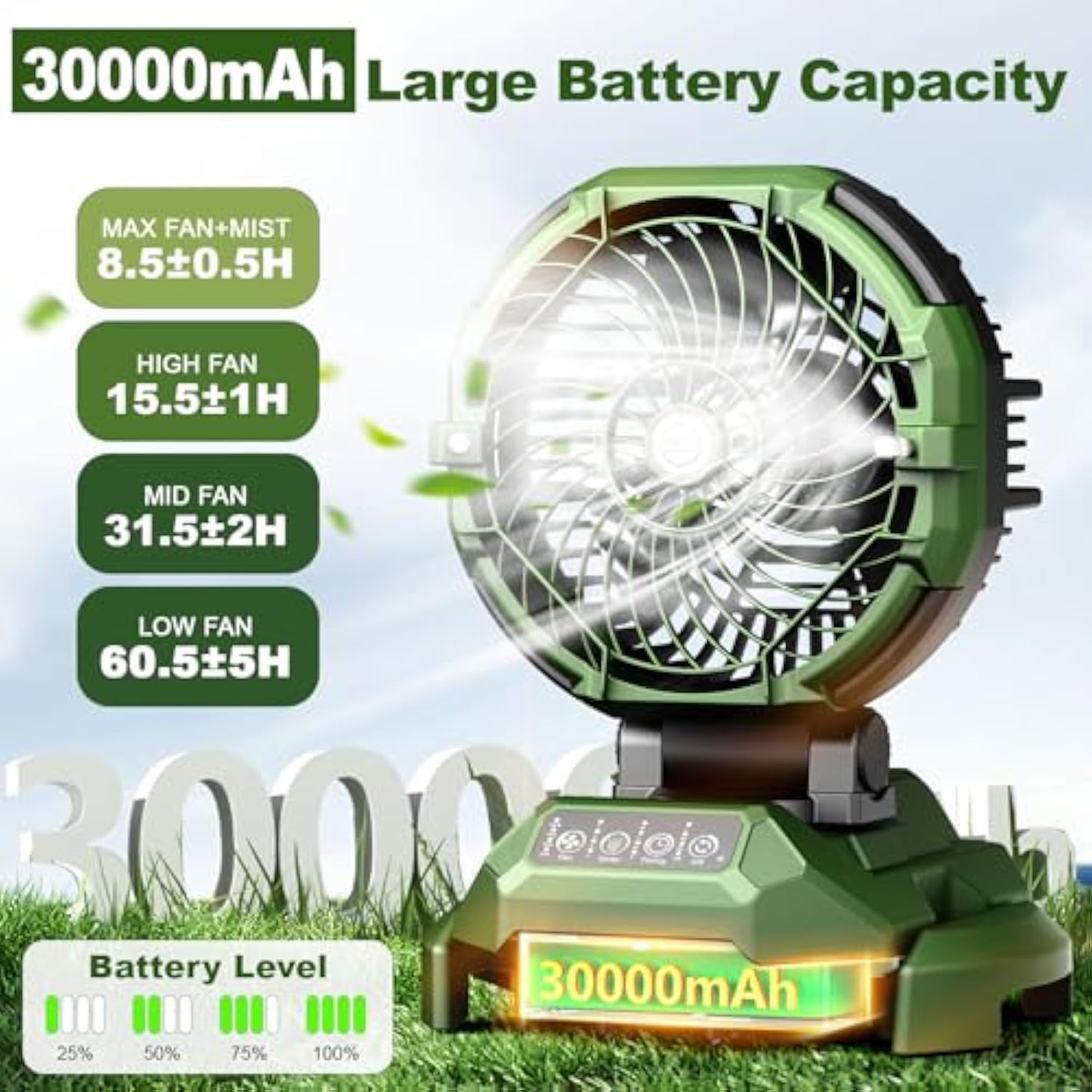 Portable Misting Fan 30000mAh Rechargeable Battery Powered 4 Strong Winds 4 Spray Mister Floor Cooling Fan for Outdoor Camping Patios Adjustable Base for 10-13inch Bucket(No Bucket Included)