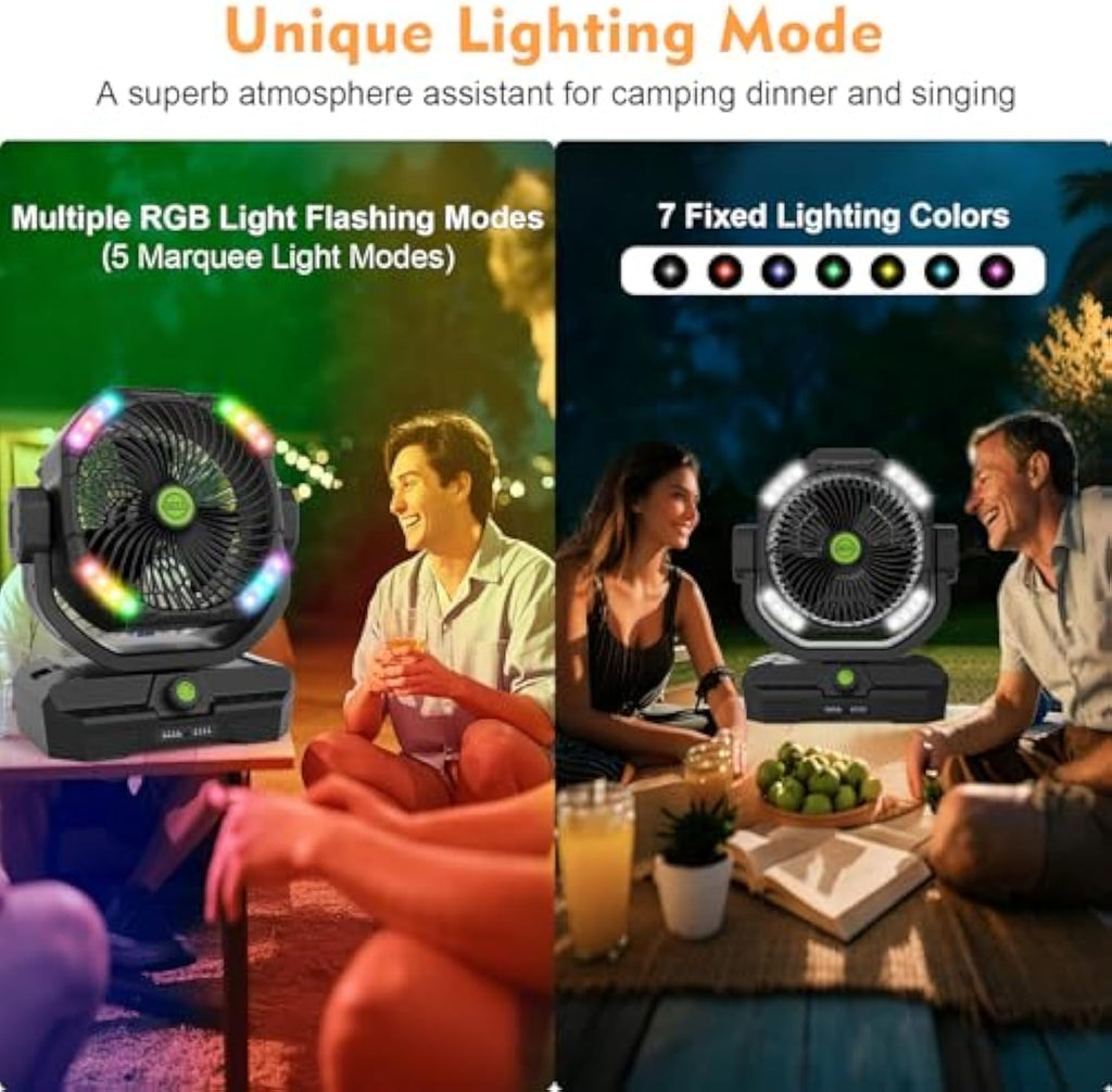 Battery Powered Fan Rechargeable, 360°Auto-oscillating Powerful Airflow Battery Operated Camping Fans, Quiet & 8H Timer Cordless Outdoor Remote Fan with LED for Tent Bedroom Travel Office X66