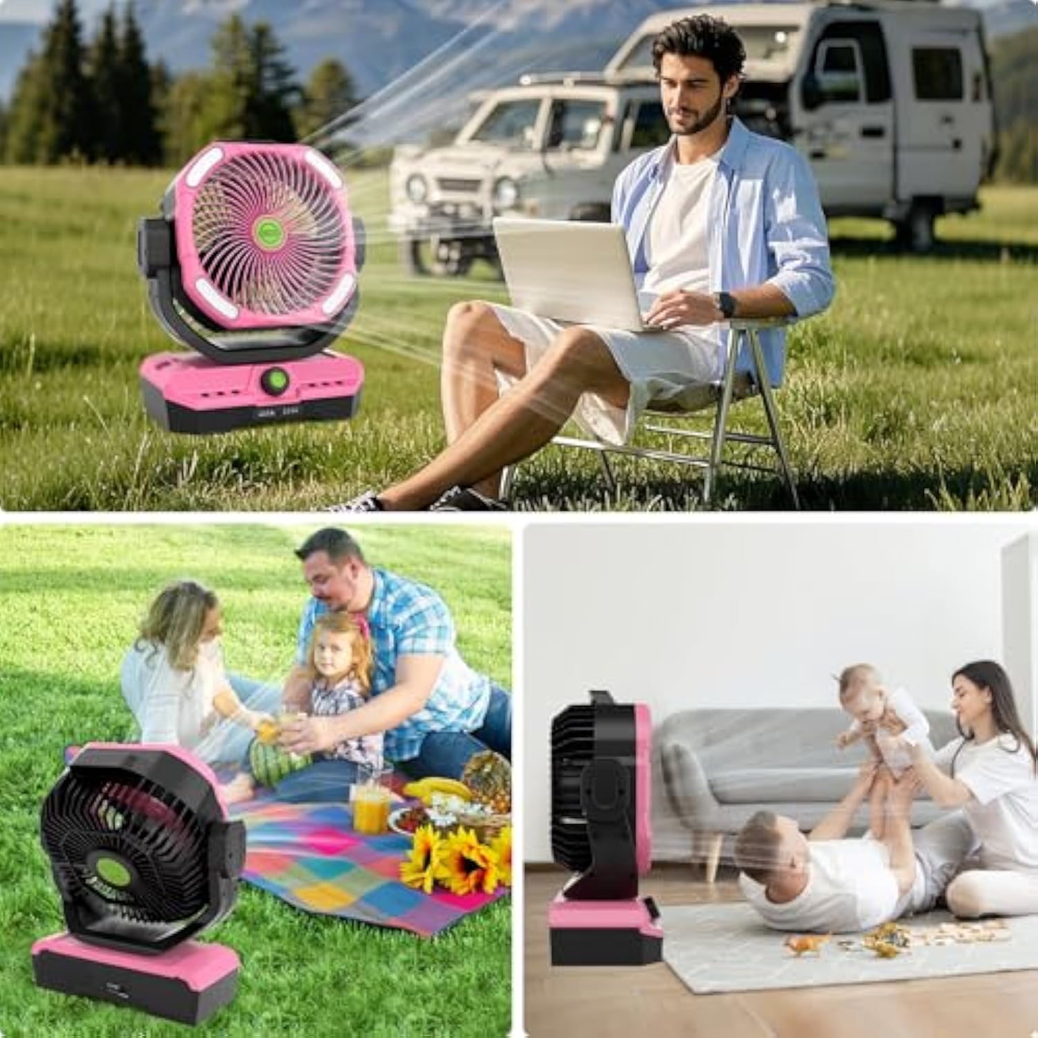 Battery Powered Fan Rechargeable, 360°Auto-oscillating Powerful Airflow Battery Operated Camping Fans, Quiet & 8H Timer Cordless Outdoor Remote Fan with LED for Tent Bedroom Travel Office X66