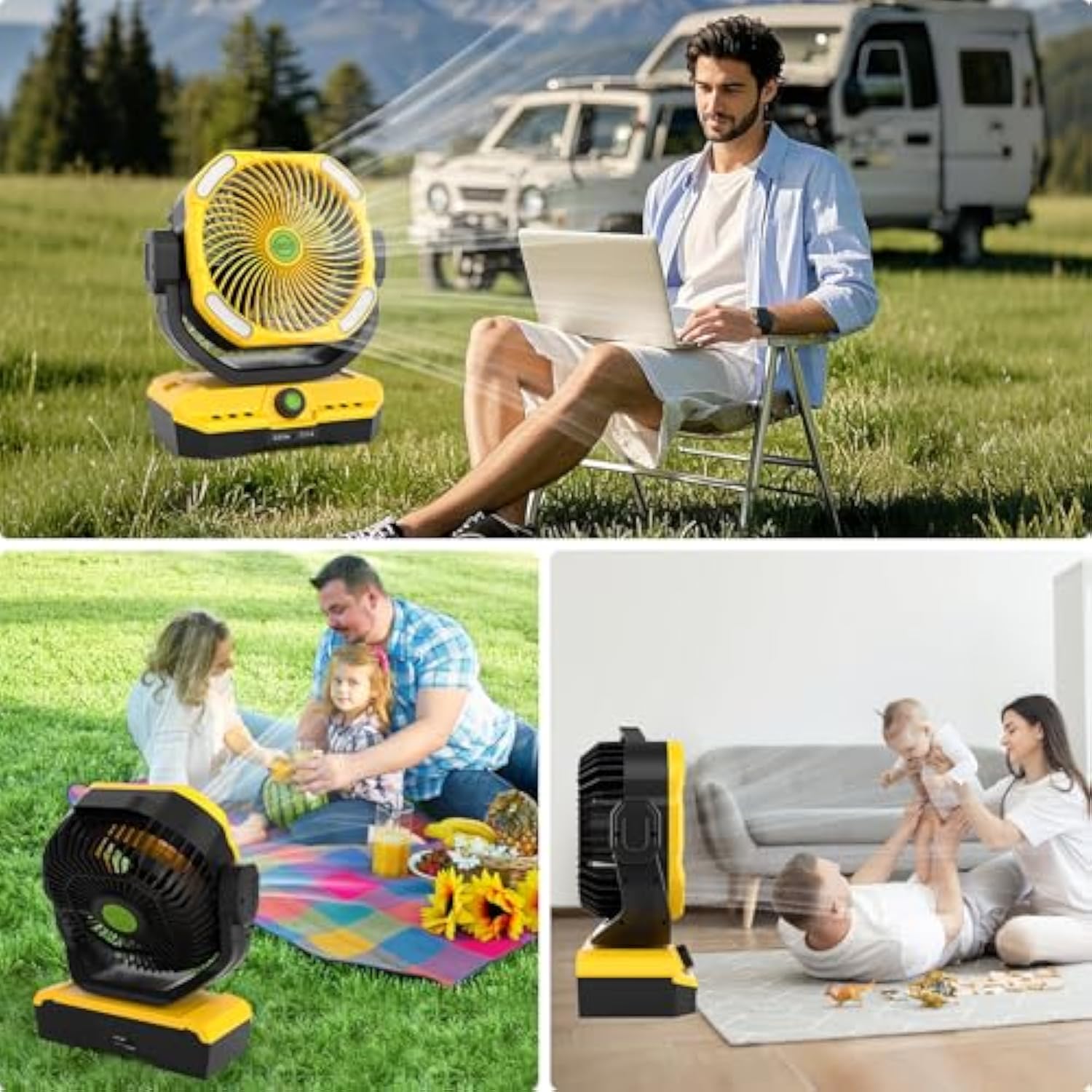 Battery Powered Fan Rechargeable, 360°Auto-oscillating Powerful Airflow Battery Operated Camping Fans, Quiet & 8H Timer Cordless Outdoor Remote Fan with LED for Tent Bedroom Travel Office X66