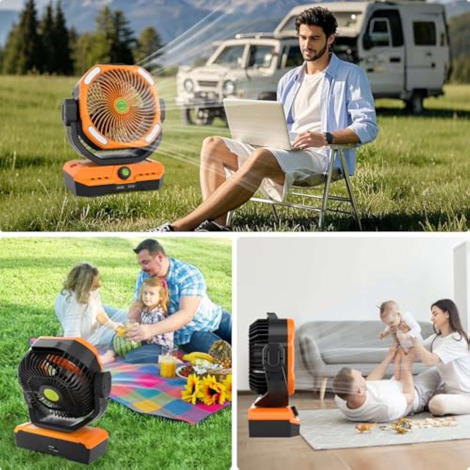 Battery Powered Fan Rechargeable, 360°Auto-oscillating Powerful Airflow Battery Operated Camping Fans, Quiet & 8H Timer Cordless Outdoor Remote Fan with LED for Tent Bedroom Travel Office X66
